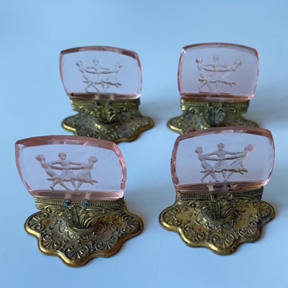 Antique Czech Glass Place Cards Holders: Set of 4, Pink Intaglio Glass - Picture 5 of 11
